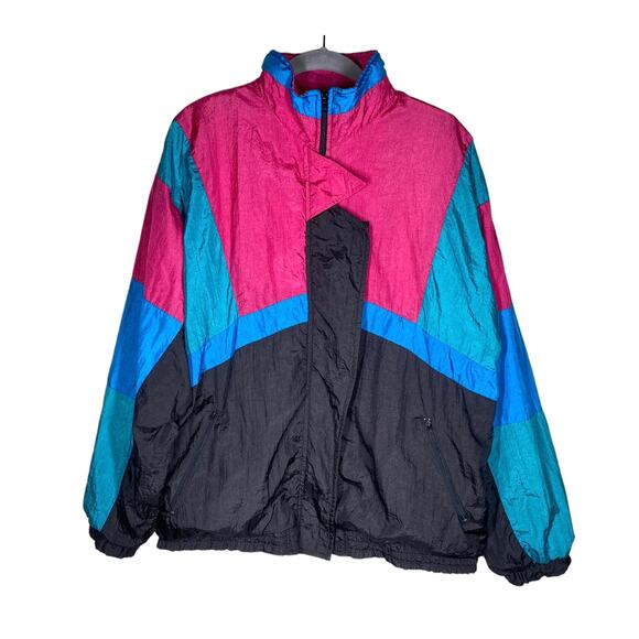 Vintage Traxton Jacket Zip Up Windbreaker Black Pink Blue Size Large VTG - Picture 1 of 11